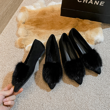 Balerine dama în stil coreean, vârf ascuțit, velur, căptușeală din pluș sintetic scurt, talpă din cauciuc, slip-on