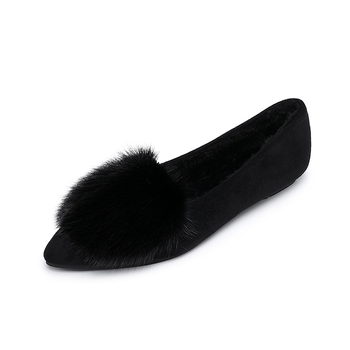 Balerine dama în stil coreean, vârf ascuțit, velur, căptușeală din pluș sintetic scurt, talpă din cauciuc, slip-on