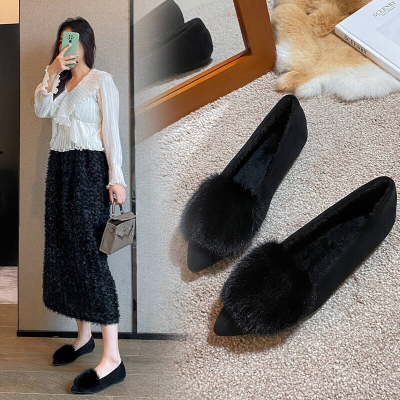 Balerine dama în stil coreean, vârf ascuțit, velur, căptușeală din pluș sintetic scurt, talpă din cauciuc, slip-on