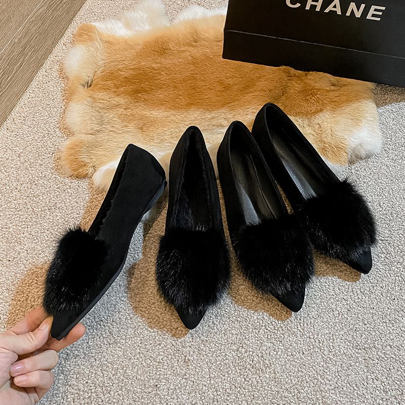 Balerine dama în stil coreean, vârf ascuțit, velur, căptușeală din pluș sintetic scurt, talpă din cauciuc, slip-on