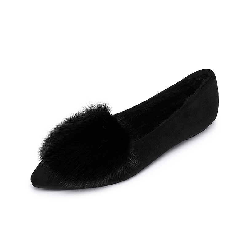 Balerine dama în stil coreean, vârf ascuțit, velur, căptușeală din pluș sintetic scurt, talpă din cauciuc, slip-on