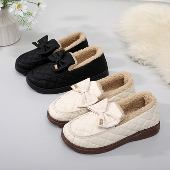 Ženske loaferice s fleec podstavom, ukrasna mašna, zimski stil, PU gornji dio, niska potpetica