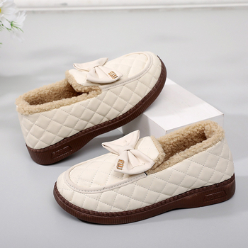 Ženske loaferice s fleec podstavom, ukrasna mašna, zimski stil, PU gornji dio, niska potpetica