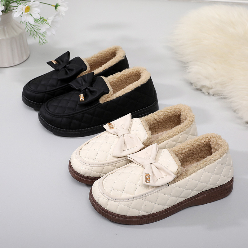 Ženske loaferice s fleec podstavom, ukrasna mašna, zimski stil, PU gornji dio, niska potpetica