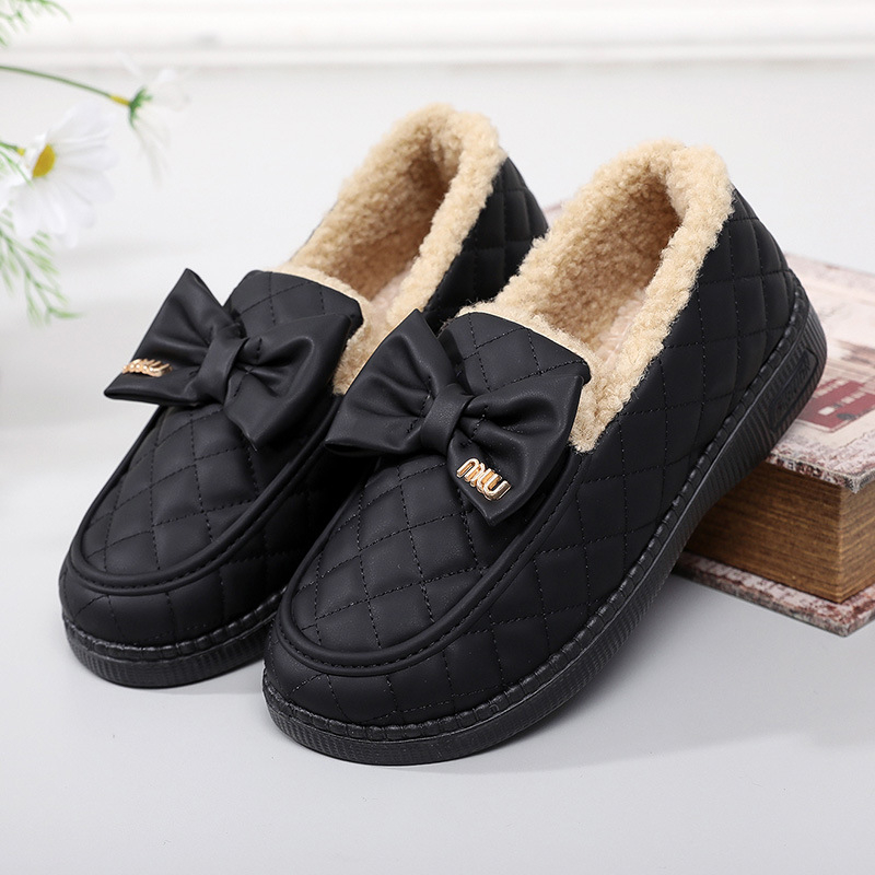 Ženske loaferice s fleec podstavom, ukrasna mašna, zimski stil, PU gornji dio, niska potpetica