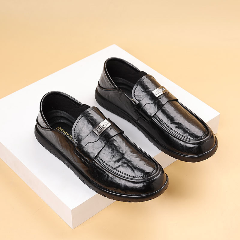 Pantofi casual bărbați slip-on din piele de vită, două straturi — vârf rotund, talpă din cauciuc, antiderapant