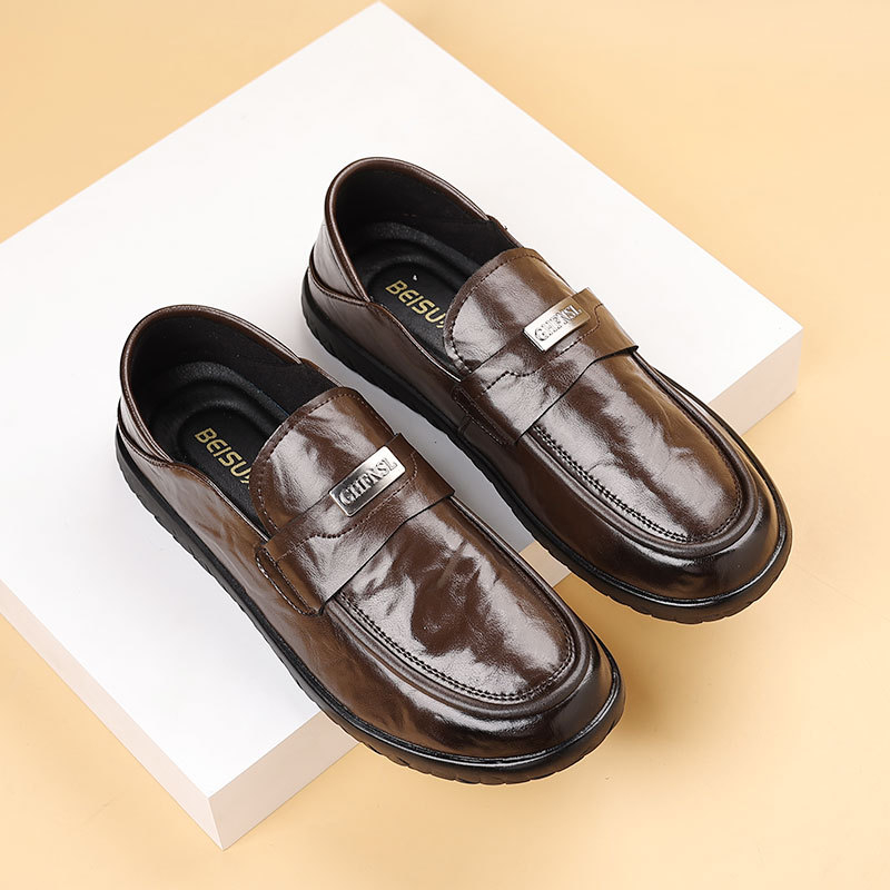 Pantofi casual bărbați slip-on din piele de vită, două straturi — vârf rotund, talpă din cauciuc, antiderapant