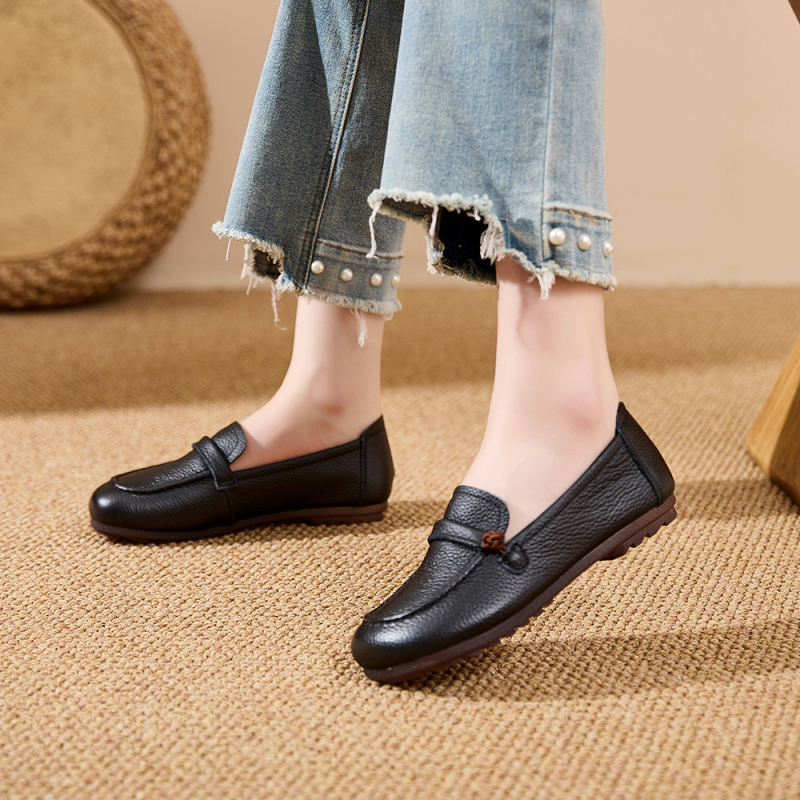 Ženske slip-on cipele od kože prvog sloja, okrugli vrh, ravna peta, PU ulošak, protuklizni đon, za svakodnevnu upotrebu
