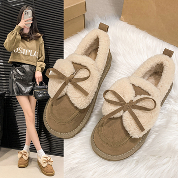 Pantofi femei din piele intoarsă, cu blană artificială în interior, detaliu Bow Knot, slip-on, PU talpă, talpă din cauciuc, vârf rotund, toc mic 1–3 cm