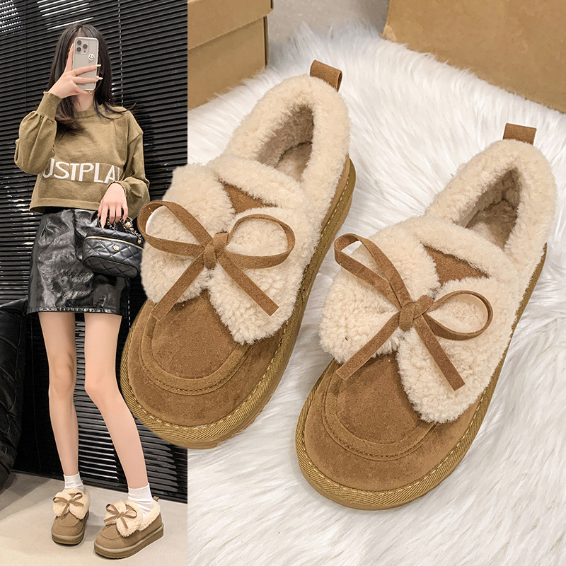 Pantofi femei din piele intoarsă, cu blană artificială în interior, detaliu Bow Knot, slip-on, PU talpă, talpă din cauciuc, vârf rotund, toc mic 1–3 cm