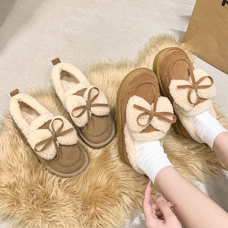 Pantofi femei din piele intoarsă, cu blană artificială în interior, detaliu Bow Knot, slip-on, PU talpă, talpă din cauciuc, vârf rotund, toc mic 1–3 cm