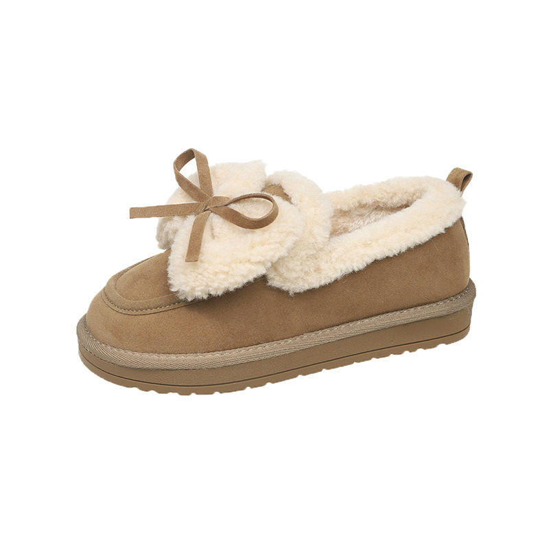 Pantofi femei din piele intoarsă, cu blană artificială în interior, detaliu Bow Knot, slip-on, PU talpă, talpă din cauciuc, vârf rotund, toc mic 1–3 cm