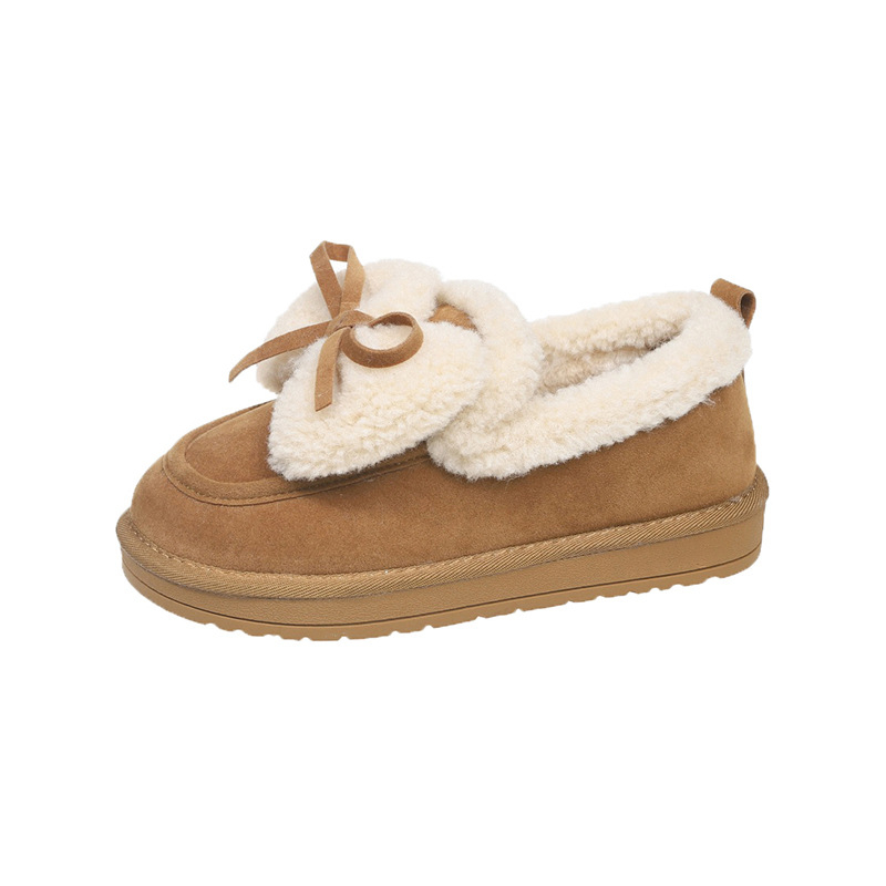 Pantofi femei din piele intoarsă, cu blană artificială în interior, detaliu Bow Knot, slip-on, PU talpă, talpă din cauciuc, vârf rotund, toc mic 1–3 cm