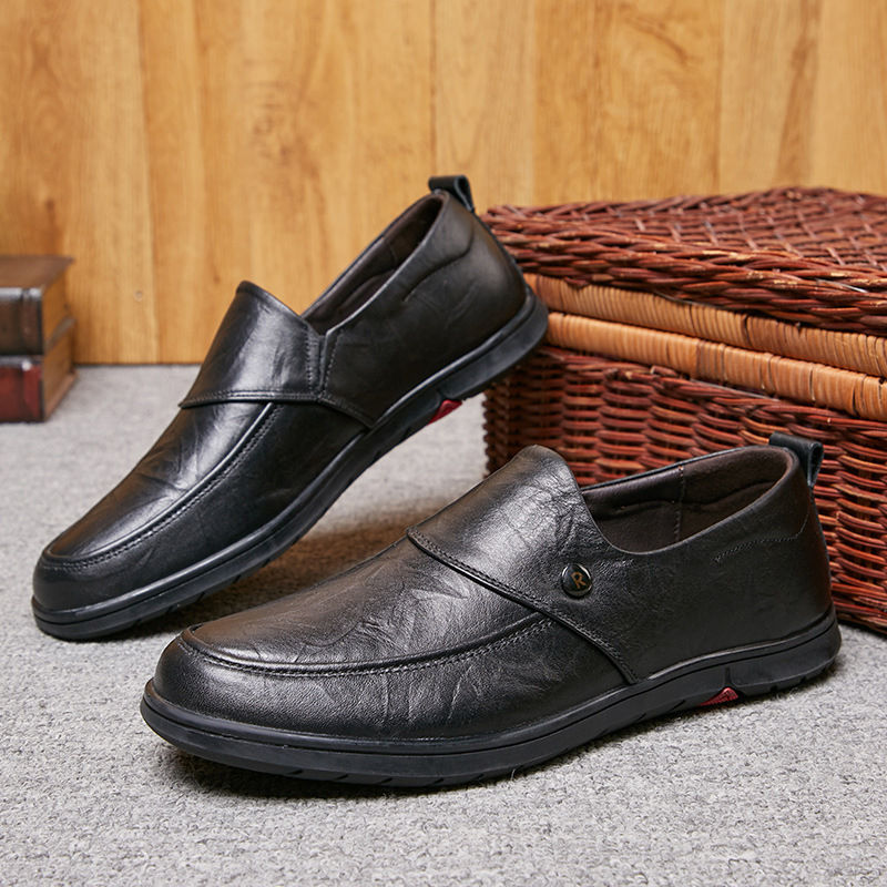 Kožni loafers s okruglim nosom i gumom na potplatu, niski gornji dio, prozračne i izdržljive muške casual poslovne cipele