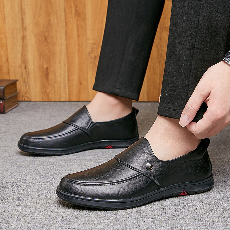 Kožni loafers s okruglim nosom i gumom na potplatu, niski gornji dio, prozračne i izdržljive muške casual poslovne cipele