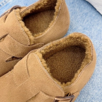 Kožni velur loafers s fleecem podstavom, četvrtasti nos, gumena podloga, srednja peta 3–5 cm, pogodni za zimu, proljeće i jesen