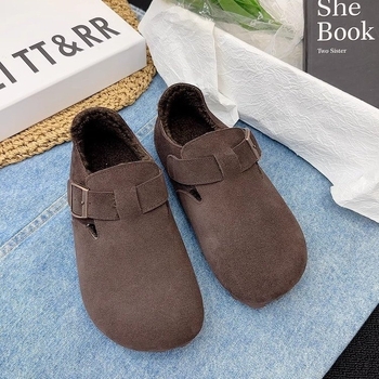 Kožni velur loafers s fleecem podstavom, četvrtasti nos, gumena podloga, srednja peta 3–5 cm, pogodni za zimu, proljeće i jesen