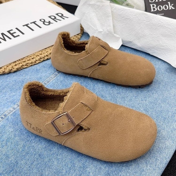 Kožni velur loafers s fleecem podstavom, četvrtasti nos, gumena podloga, srednja peta 3–5 cm, pogodni za zimu, proljeće i jesen