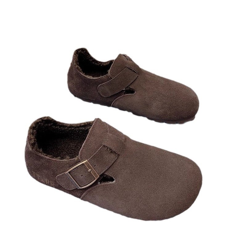 Kožni velur loafers s fleecem podstavom, četvrtasti nos, gumena podloga, srednja peta 3–5 cm, pogodni za zimu, proljeće i jesen