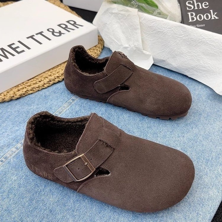 Kožni velur loafers s fleecem podstavom, četvrtasti nos, gumena podloga, srednja peta 3–5 cm, pogodni za zimu, proljeće i jesen
