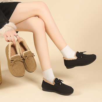 Női pamut loafers plüss béléssel, meleg mindennapi slip-on cipők, pamut felsőrész, belső plüss, PVC talp, alacsony sarok