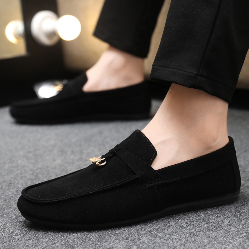 Muške mokasine-slip-on s velur gornjim dijelom, oštra nosnica, bez vezivanja, niski profil, gumeni potplat