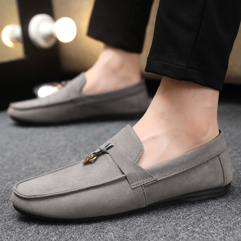 Muške mokasine-slip-on s velur gornjim dijelom, oštra nosnica, bez vezivanja, niski profil, gumeni potplat
