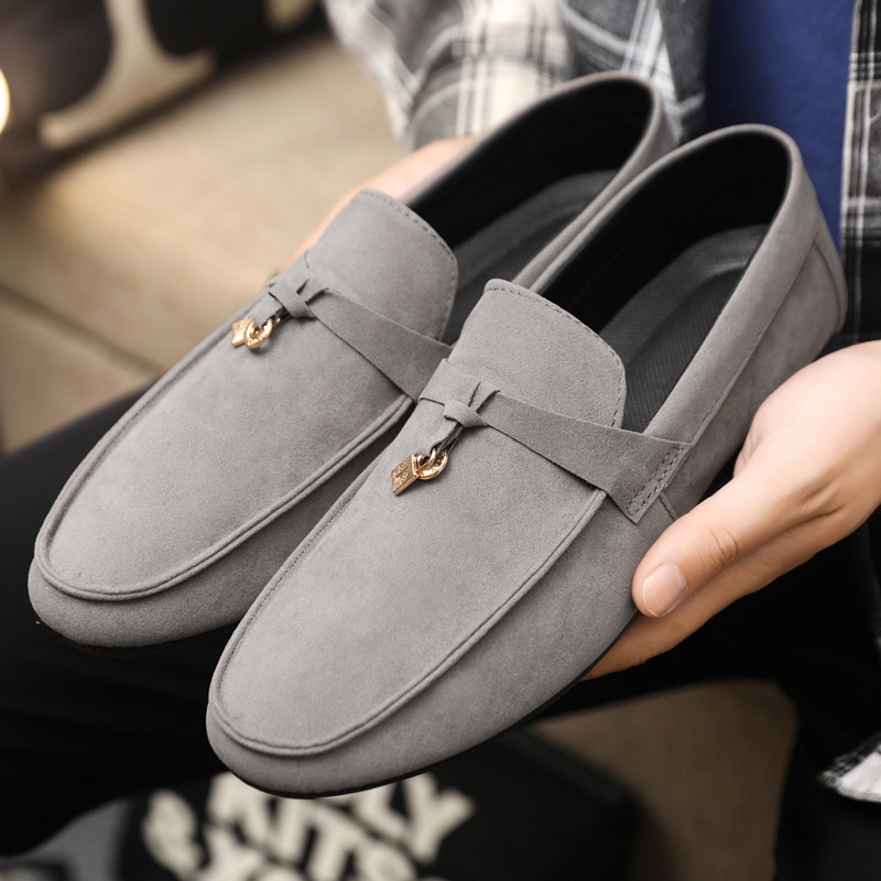 Muške mokasine-slip-on s velur gornjim dijelom, oštra nosnica, bez vezivanja, niski profil, gumeni potplat
