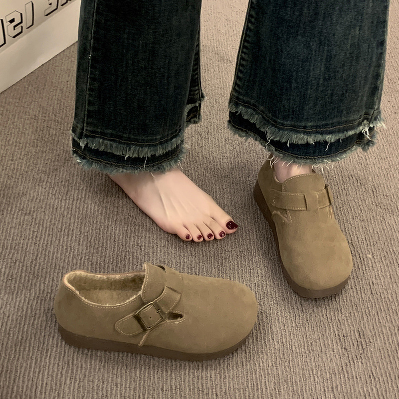 Trudničke papuče s punim pokrivanjem, Birkenstock stil, zima 2025, niski potpetica 1–3 cm, gornji dio od telećeg suedea, unutarnji umjetni pliš, potplat od gume