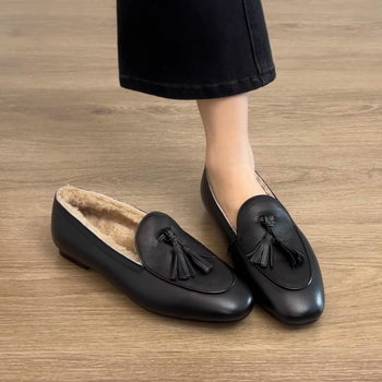 Moters plokščių loaferių iš natūralios odos su avies odos pamušalu, apvalus pirštas, žemas kulnas, slip-on, guma padas, ruduo–žiema