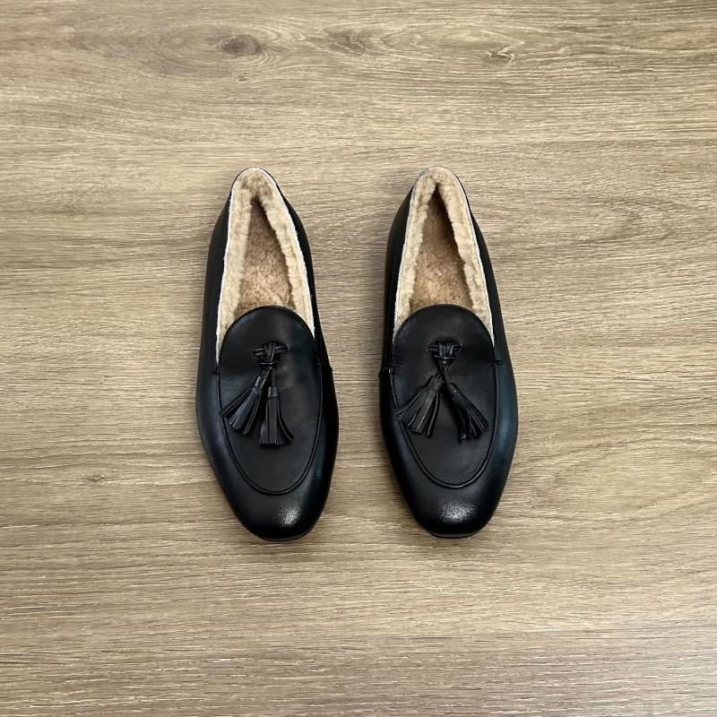 Moters plokščių loaferių iš natūralios odos su avies odos pamušalu, apvalus pirštas, žemas kulnas, slip-on, guma padas, ruduo–žiema