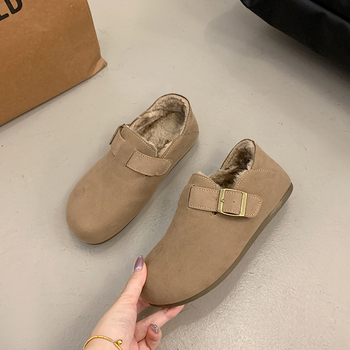 Ženske slip-on plošne cipele u Birkenstock stilu, podstavljene fleeceom, nubuk koža na gornjoj strani, gumena potplat