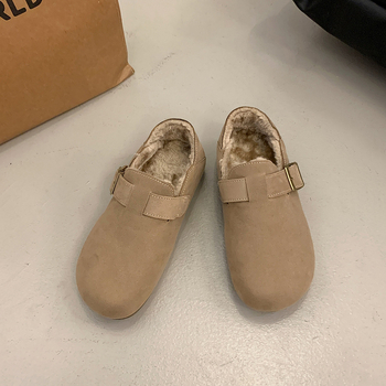 Ženske slip-on plošne cipele u Birkenstock stilu, podstavljene fleeceom, nubuk koža na gornjoj strani, gumena potplat