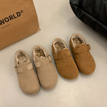 Ženske slip-on plošne cipele u Birkenstock stilu, podstavljene fleeceom, nubuk koža na gornjoj strani, gumena potplat