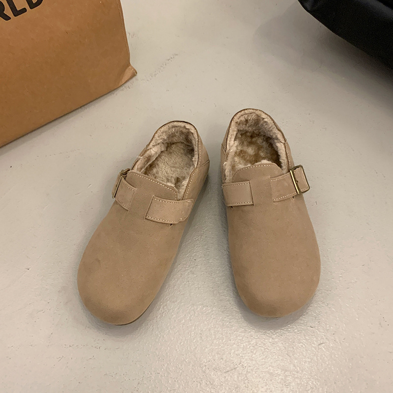 Ženske slip-on plošne cipele u Birkenstock stilu, podstavljene fleeceom, nubuk koža na gornjoj strani, gumena potplat