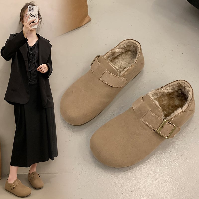Ženske slip-on plošne cipele u Birkenstock stilu, podstavljene fleeceom, nubuk koža na gornjoj strani, gumena potplat