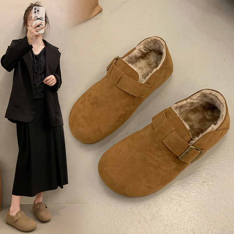 Ženske slip-on plošne cipele u Birkenstock stilu, podstavljene fleeceom, nubuk koža na gornjoj strani, gumena potplat