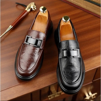 Muški Slip-On kožni loafers, dvostruko složena gornja koža od volovske kože, okrugli vrh, gumena potplat, PU uložak, kožni unutrašnji dio