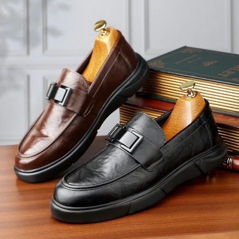Muški Slip-On kožni loafers, dvostruko složena gornja koža od volovske kože, okrugli vrh, gumena potplat, PU uložak, kožni unutrašnji dio