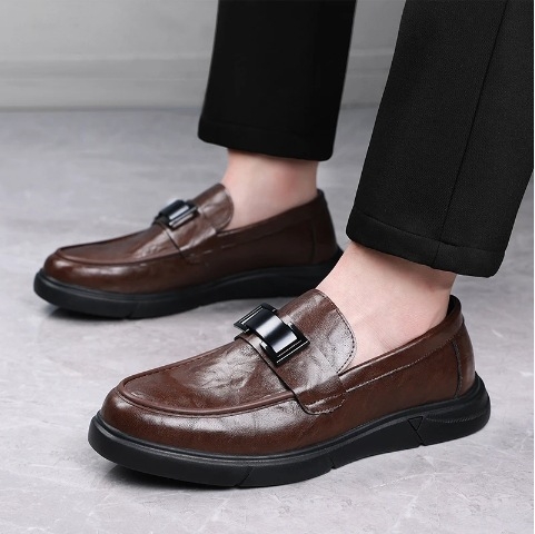 Muški Slip-On kožni loafers, dvostruko složena gornja koža od volovske kože, okrugli vrh, gumena potplat, PU uložak, kožni unutrašnji dio