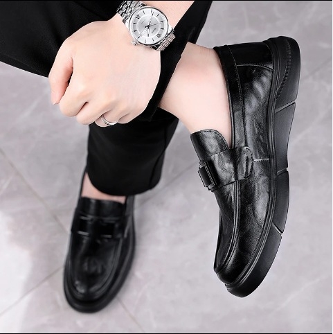 Muški Slip-On kožni loafers, dvostruko složena gornja koža od volovske kože, okrugli vrh, gumena potplat, PU uložak, kožni unutrašnji dio