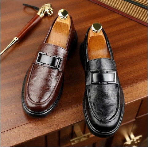 Muški Slip-On kožni loafers, dvostruko složena gornja koža od volovske kože, okrugli vrh, gumena potplat, PU uložak, kožni unutrašnji dio