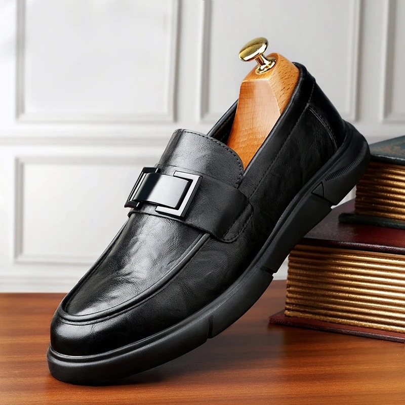 Muški Slip-On kožni loafers, dvostruko složena gornja koža od volovske kože, okrugli vrh, gumena potplat, PU uložak, kožni unutrašnji dio