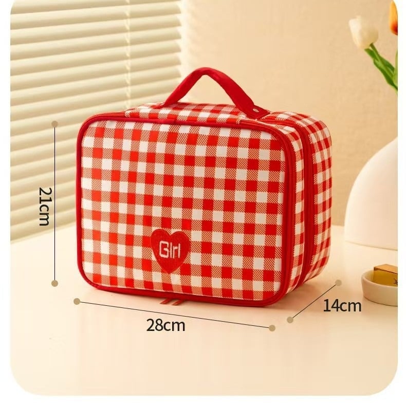 Kozmetička torba velike kapacitete, vodootporna, prijenosna za putovanja, dvostruki sloj, Oxford tkanina, karirani uzorak, zatvarač