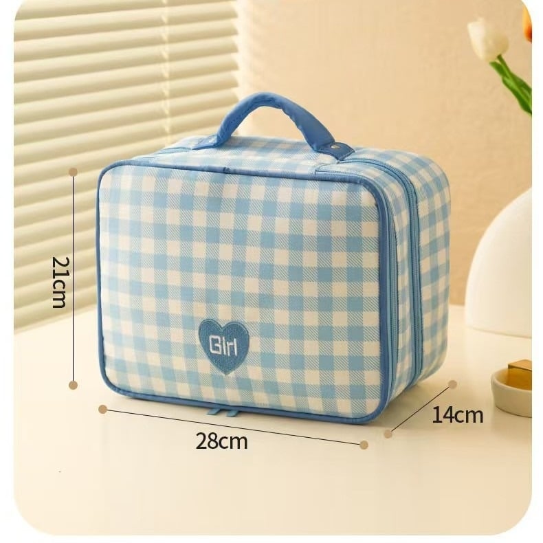 Kozmetička torba velike kapacitete, vodootporna, prijenosna za putovanja, dvostruki sloj, Oxford tkanina, karirani uzorak, zatvarač