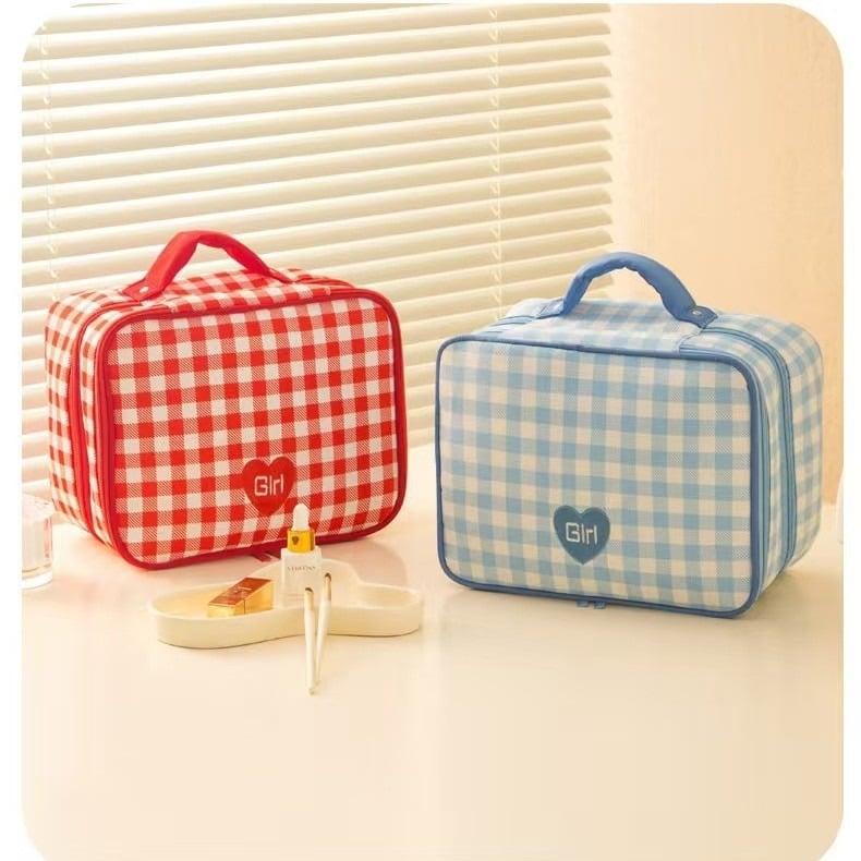 Kozmetička torba velike kapacitete, vodootporna, prijenosna za putovanja, dvostruki sloj, Oxford tkanina, karirani uzorak, zatvarač