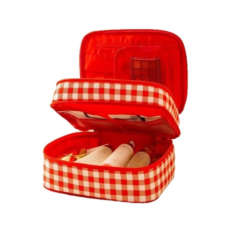 Kozmetička torba velike kapacitete, vodootporna, prijenosna za putovanja, dvostruki sloj, Oxford tkanina, karirani uzorak, zatvarač