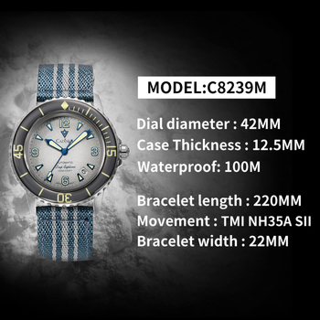 Muški mehanički sat s Miyota 8215 pokretom, vodootpornost 100 m, kućište od nehrđajućeg čelika, tekstilna narukvica, svijetleće kazaljke i kalendar