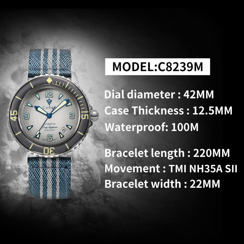 Muški mehanički sat s Miyota 8215 pokretom, vodootpornost 100 m, kućište od nehrđajućeg čelika, tekstilna narukvica, svijetleće kazaljke i kalendar