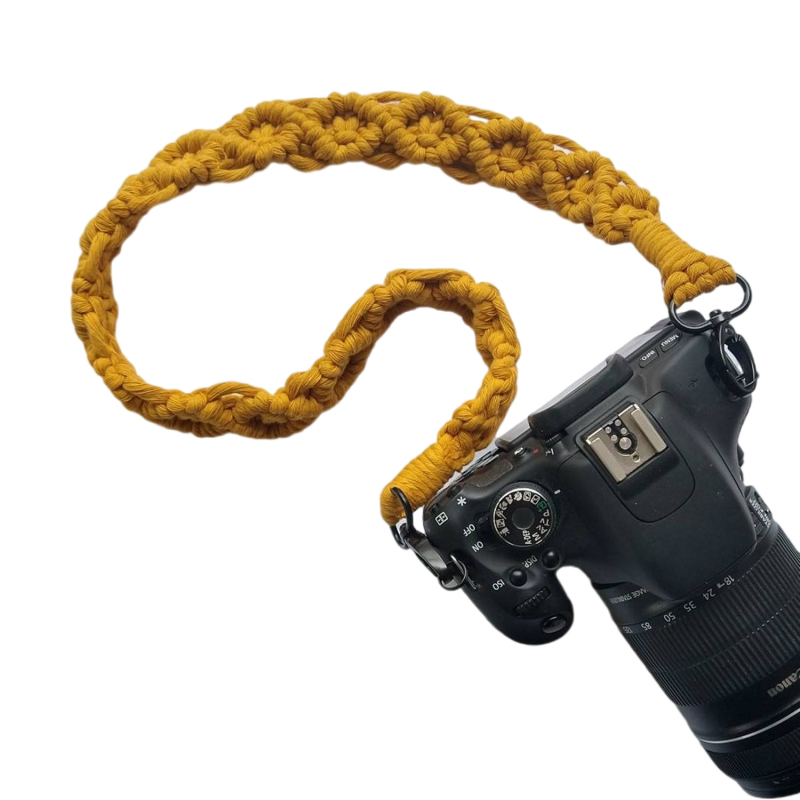 Λουρί ώμου για κάμερα — χειροποίητο πλεκτό, μποέμικο στυλ, αναπνεύσιμο βαμβακερό νήμα, υπερ-ελαφρύ, μονόχρωμο σχέδιο